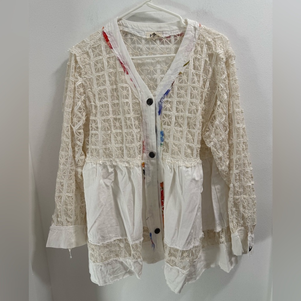 POL Cream Lace Button-Up Top
